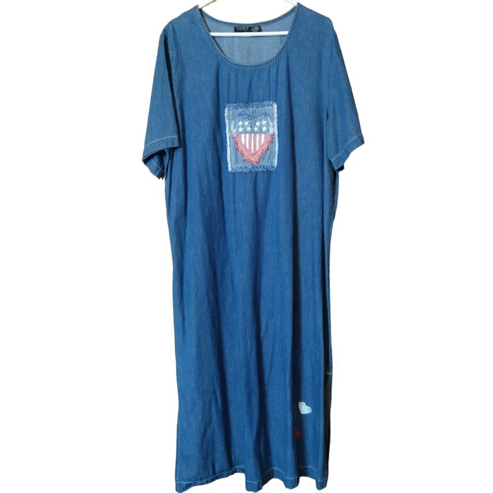 NAQUI WOMEN'S 24W SHORT SLEEVE JEAN DRESS EMBROIDERED VINTAGE Heart Patriotic